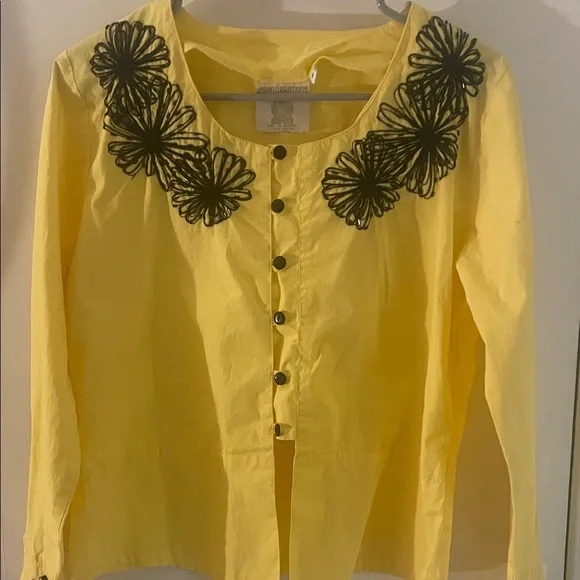Vintage 90s Embroidered Yellow Cotton Peplum Top | Button Front | M - Picture 5 of 10